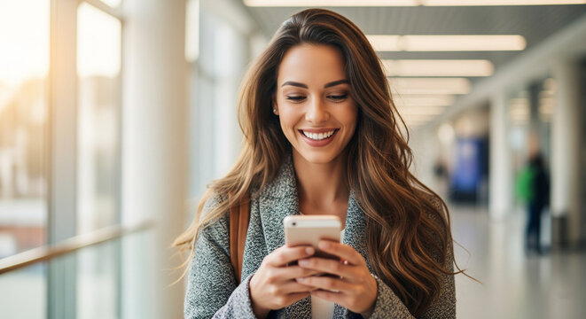 Smiling young woman using smartphone in a modern airport terminal