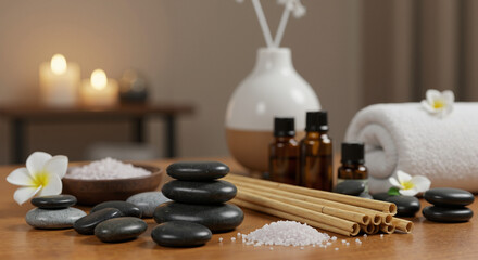 Spa essentials with stones, oils, and towels on wooden table  