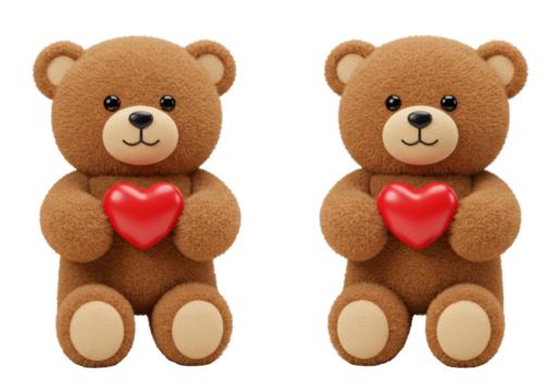 Isolated Pair of Teddy Bears Holding Red Hearts