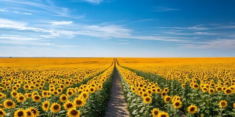 Fototapeta premium A vast sunflower field stretching to the horizon under a bright blue sky with wispy white clouds