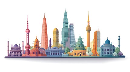 Fototapeta premium Colorful illustration of cityscape featuring world's iconic buildings and structures, skyline and diverse architectures