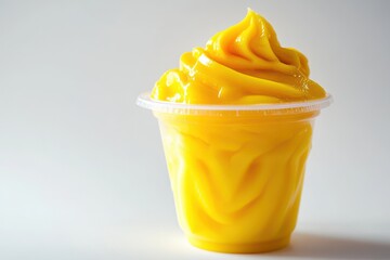 Bright yellow mango smoothie in a clear plastic cup isolated on white background