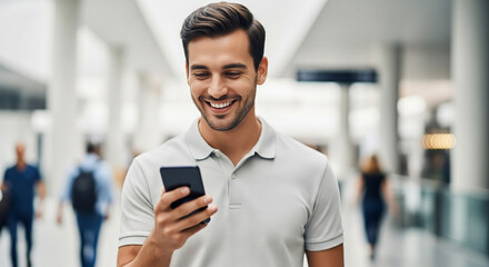 Smiling young man looking at his smartphone in a bright, busy airport terminal. Perfect for illustrating travel, technology, and modern communication