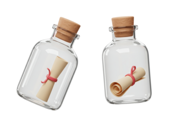 Isolated Two Message in a Bottle with Red Ribbon