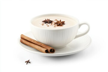 White cup of chai tea with cinnamon sticks and star anise isolated on white background