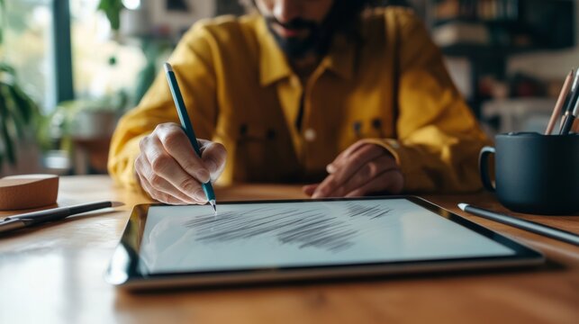 woman fashion designer using iPad for sketching clothing designs - Powered by Adobe