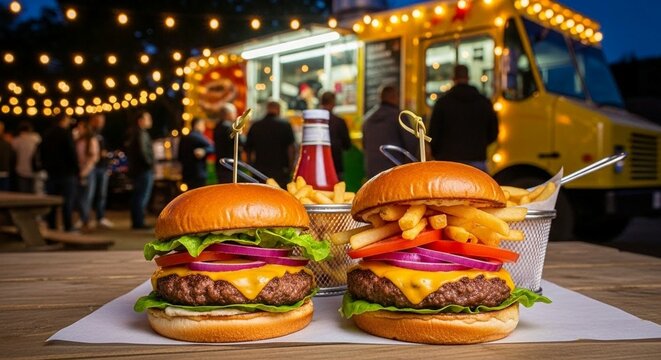 Juicy gourmet burgers and golden fries served at a vibrant night market with festive string lights