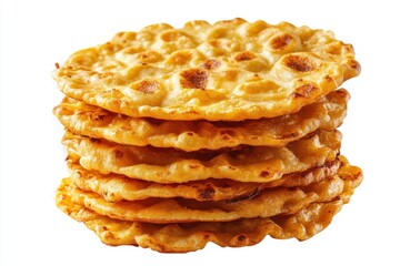 Stack of golden fried savory pancakes isolated on white background