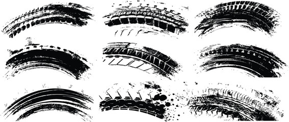 Collection of grunge tire tracks and dirty wheel tread patterns. Set of nine black distressed ink skid marks for creative design.