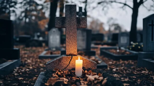 Empty cemetery grave site with candlelight autumnal remembrance