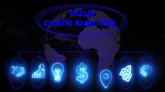 Value chain analysis displayed on a futuristic blue and technology interface, Business, Internet and network concept data transfer to multi devices futuristic technology abstract background