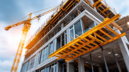 Modern construction site with crane and building framework, showcasing urban development and architectural progress