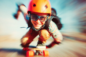 action photo of a skateboarder with a beaming smile