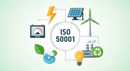 ISO 50001 an energy management-themed illustration with icons like a lightning bolt, solar panel, energy meter, and factory symbolizing energy efficiency and renewable power.