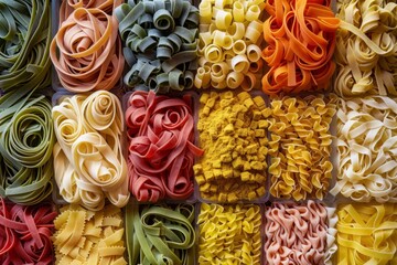 Assorted multicolor pasta varieties on rustic background. Neural network AI generated