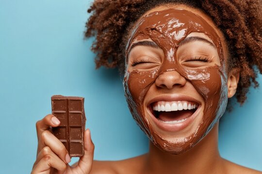 Cheerful woman applying chocolate face mask holding a piece of chocolate