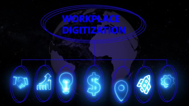Conceptual illustration of workplace digitalization and technological transformations, Business, Internet and network concept data transfer to multi devices futuristic technology abstract background