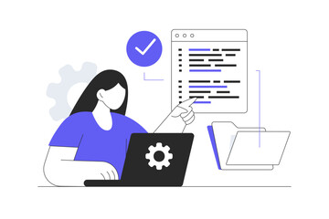 System administrator web concept. Woman doing optimization to programs of server infrastructure, fixing program code and monitoring. Flat Cartoon Vector Illustration, icon Stylish abstract design web
