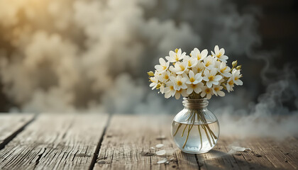 Delicate bouquet of small white flowers with yellow centers in a clear glass vase on a rustic wooden table.