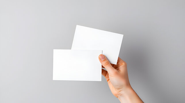 Blank cards held in hand against a gray backdrop