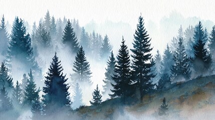 Serene Watercolor Foggy Forest Landscape Illustration