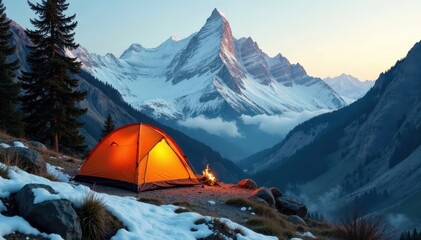 Rustic campsite nestled beneath snowy mountain vista, frigid, image
