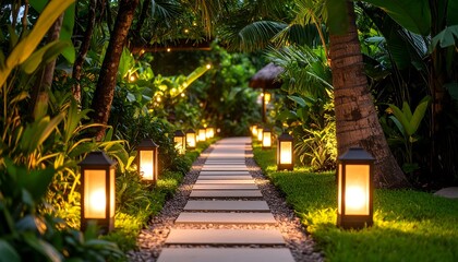 Night path in lush garden