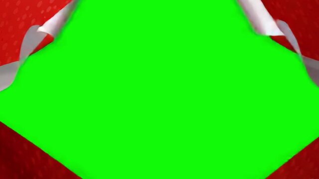 Red gift wrap tearing open to reveal green screen background, perfect for holiday unboxing, surprise reveals, and festive promo content creation.

