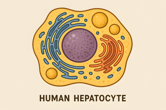 Human Hepatocyte: Detailed illustration of a human hepatocyte cell, featuring its internal structures and components, perfect for educational and scientific purposes. 