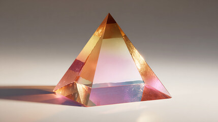 A prism-shaped like an isosceles triangle, with light coming from the top, casting beautiful reflections on its surface, set against a neutral background