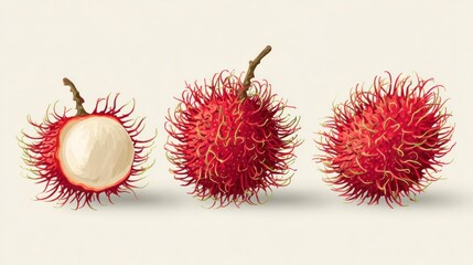 Three rambutan fruits, one halved, displayed against a light beige background