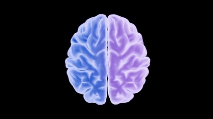 Abstract illustration of a human brain, split into two halves with vibrant blue and purple colors, representing creativity and logic, set against a black background for visual impact