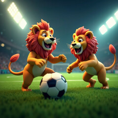 Fototapeta premium León, antropomórfico, balompié, balón, bailes, deporte, actores, dibujos animados, juego, vector, chico, patada, gol, jugada, ilustración, soccer, mundial