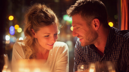 A happy couple enjoying a meal at a restaurant with warm lighting and a cozy ambiance.