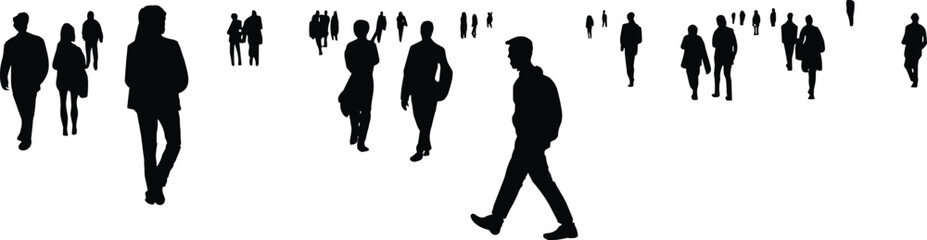 Silhouettes of people walking in various directions, urban crowd scene, business commuters, minimal white background, social movement illustration