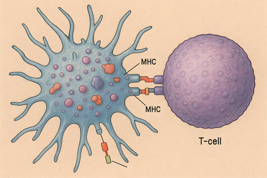 Molecular Interactions in Immunology: A detailed illustration depicts the complex interaction between a T-cell and a Antigen-presenting cell(APC).