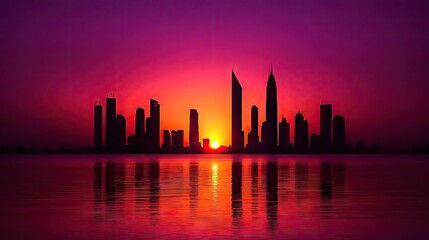 Obraz premium Silhouette of city skyline at sunrise over water.