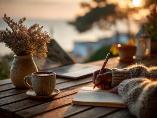 Serene morning scene with person journaling at wooden table, surrounded by warm cup of coffee, laptop, and potted plants, with soft sunlight creating peaceful atmosphere