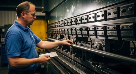 Craftsman works with metal bending machine, focused on precision