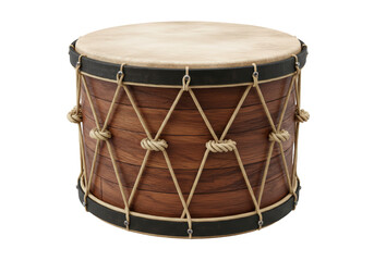Isolated Rustic Wooden Drum with Rope Tension and Natural Hide Head