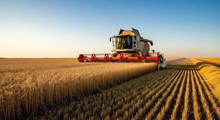 Fototapeta premium Golden harvest at sunset: combine harvester in a wheat field