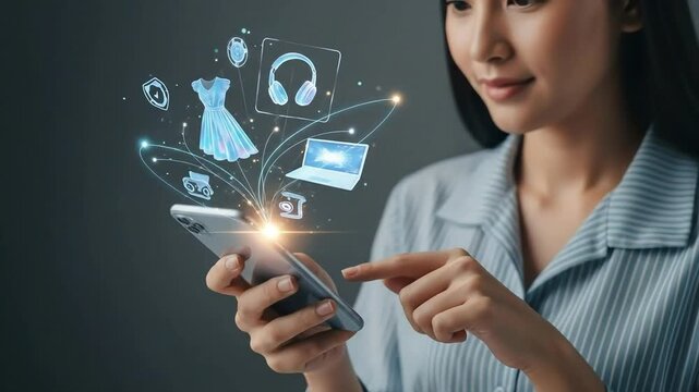 Modern woman enjoys convenient online shopping, with virtual products and secure payment options appearing from her phone.
