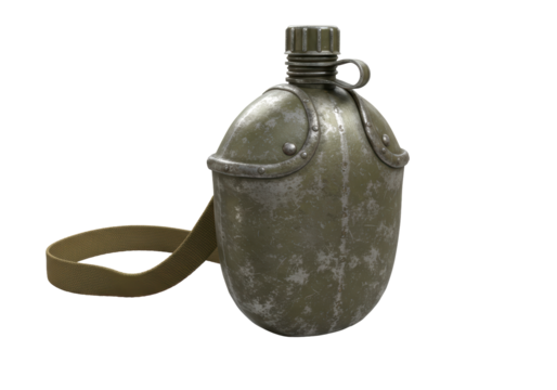 Isolated Vintage Military Canteen with Canvas Strap and Aged Texture