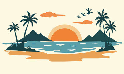 Minimal Tropical Beach Landscape Set- Sunset and palm Tree Vector Illustrations