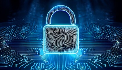 glowing padlock with fingerprint symbol represents biometric security on digital circuit board emphasizing data protection and cybersecurity