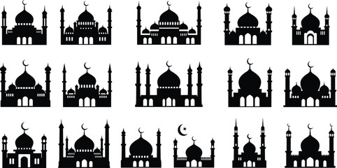 Collection of Islamic mosque silhouette vector icons, black architecture with domes and minarets, religious Muslim worship buildings, white background