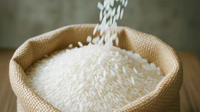 Rice grain falling into sack filled with white polished rice ready for production mill supporting agriculture food supply and staple grain harvest