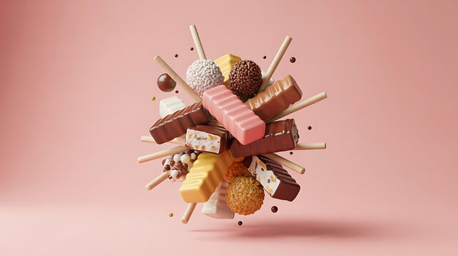 Colorful candy explosion, various treats in mid-air.
