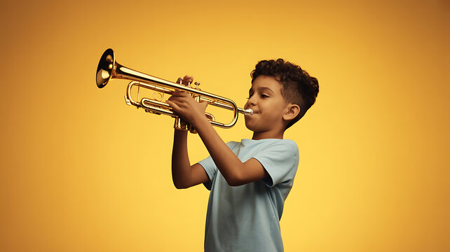 Young boy plays trumpet, joyful expression.
