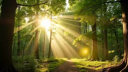 Sunbeams pierce lush green forest canopy, illuminating a winding path for an inspiring journey